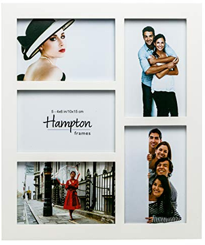 Hampton Frames, Multi Aperture Photo Frame GAL5APWHX, White, Engineered Wood, 5 x 4x6 Rectangular, Glass Front | Freestanding or Wall Mount | Display Multiple Pictures, Home Décor