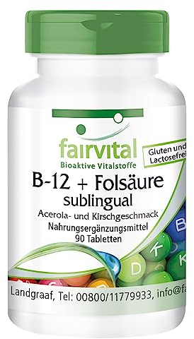 Fairvital | B-12 Tabletten mit Folsäure sublingual - 90 Tabletten - mit 500μg Vitamin B12, 100μg Folsäure und Vitamin C - rasche Aufnahme über die Mundschleimhaut