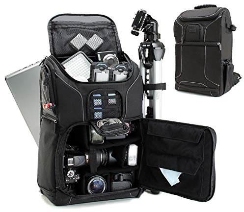 USA Gear Sac à Dos Appareil Photo Réflex Numérique avec Support Trépied, Compartiment Ordinateur Portable et Rangements Accessoires - Sac Photo Compatible avec Canon, Nikon, Pentax et Plus - Noir
