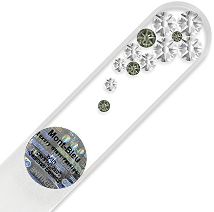 Mont Bleu Petite lime à ongle en verre ornées à la main de cristaux de Swarovski Elements, pochette en velours noir | Véritable verre trempé tchèque, garantie à vie, Lime à ongles fait main en cristal