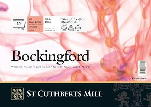 BOCKINGFORD ST Cuthberts blocco carta per acquerello,collato lato lungo A4,12 fogli, bianco, grana satinata, 300gm