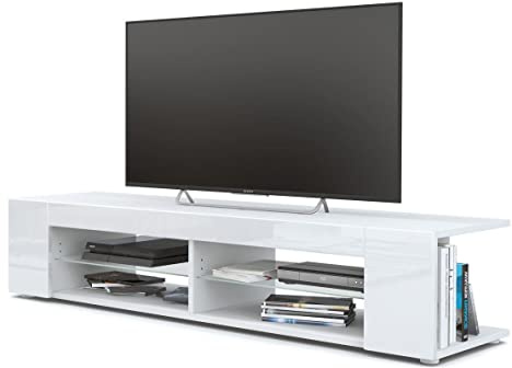 Vladon Lowboard Movie, TV-Kommode mit 4 offenen Fächern und Zierleisten, Weiß matt/Weiß Hochglanz (134 x 29 x 39 cm)