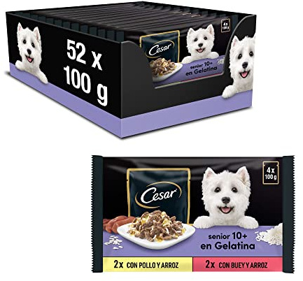 Cesar Senior 10+ hundfoder våtfoder urval i gelé med kyckling/nötkött och ris, 13 x (4 x 100 g)