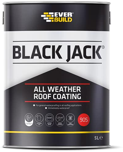Everbuild Black Jack 905 – All Weather Roof Coating – Solvent-Based – Fibre-Reinforced – Fast Drying – Weatherproof – Black – 5 Litre