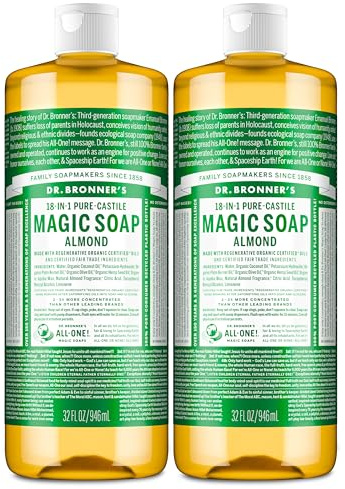 Dr. Bronner's Pure-Castile Magic Liquid Soap (Almond, 32 Ounce, 2-Pack)- Made with Regenerative Organic Certified Oils, 18-in1 Uses: Face, Hair, Hand & Body Soap, Laundry, Pets- Concentrated, Vegan