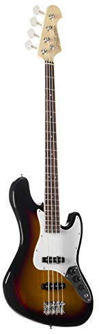 J & D E-Bass, Bass Gitarre mit 4 Saiten und Linde Korpus, JB Bass mit 2 Single Coil Tonabnehmern und passiver Elektronik, 3-Tone Sunburst