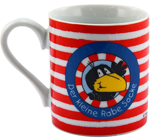 Der kleine Rabe Socke Tasse - Logo Kinder Kinderbecher aus Porzellan Weiß Rot gestreift 230 ml