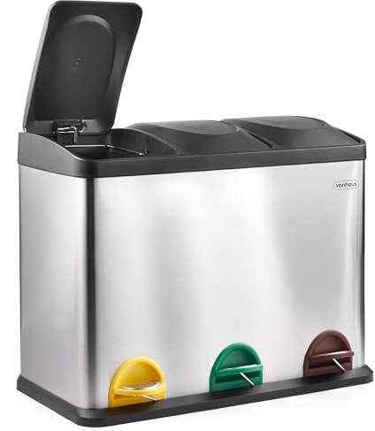 VonHaus Kitchen Bin, 45L Double Recycling Bin for Kitchen, Stainless Steel Two Section Food Waste Separation System with Non-Slip Base & Removable Inner-Compartments, Airtight Trash Can, 3 x 15L