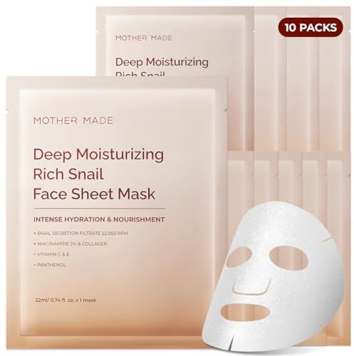 MOTHER MADE Glowing Glass Skin Hydrating Snail Deep Collagen Face Masks 10 EA, with Niacinamide 2%, Vitamin E, Facial Masks for Dry, Sensitive Skin, Kbeauty Essentials, Self Care, Korean Skincare