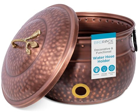 BIRDROCK HOME Water Hose Holder with Lid | Ground Garden Hose Pot | Decorative | Handle | Embossed | Steel Metal with Copper Accents | Outdoor or Indoor Use