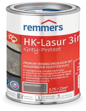 Remmers Lasure HK Grey-Protect Gris graphite, 0,75 litres, Lasure bois Premium pour l'extérieur, effet grisaillement en 3 teintes de gris naturel, 3 protections du bois en 1.