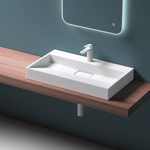 Mai & Mai Waschbecken Weiß Aufsatzwaschbecken Hängewaschbecken Hängewaschtisch inkl. Ablaufgarnitur Mineralguss Rechteckig Waschplatz 1 Armaturenloch Breite: 80cm