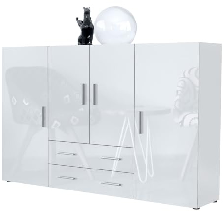 Vladon Highboard Nora Anrichte mit 2 Schubladen und 4 Türen mit insgesamt 8 Fächer dahinter, Weiß matt/Weiß Hochglanz (166,5 x 106,5 x 35 cm)