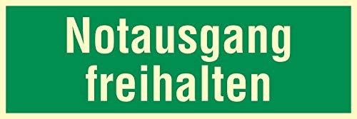 Schild Notausgang freihalten Rettungszeichen nachleuchtend 300 x 100 mm | 3 mm Alu-Verbund mit nachleuchtender Folie, langnachleuchtend nach ASR A1.3, wetterfest, Made in Germany
