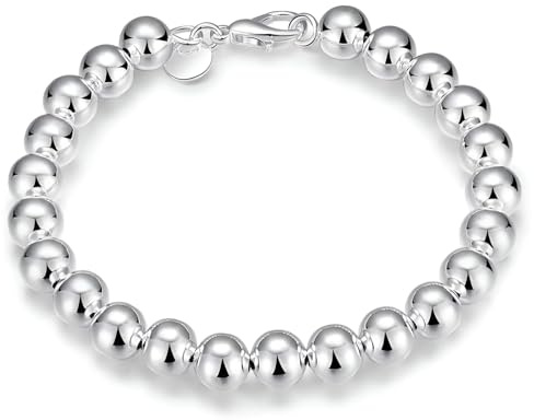 Designer Inspirations Boutique 8MM Solid Bead/Ball Bracelet for Women/Ladies/Girls - 925 Sterling Silver Plated - 8 Inch Classic Beaded Bracelet