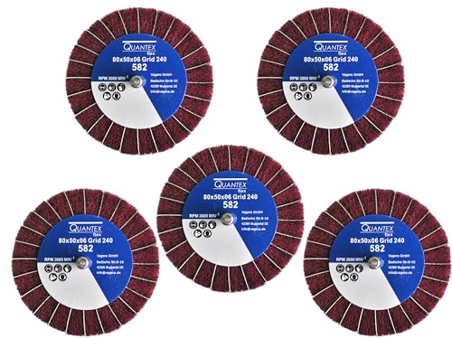 5 Stück Fächerschleifer mit Vlies-Gewebekombination 80mmx50mm, 6mm Einspannschaft, Körnung: 240 - Schleifmopstift, Lamellenschleifer, Schleifmop Schleifvlies, Lamellenrad mit Schaft.