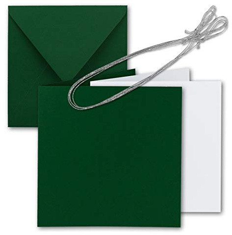 50x Quadratisches Faltkarten Set 15 x 15 cm - mit Briefumschlägen & Einlegeblätter & Schmuckband - Dunkel-Grün - für Einladungskarten, Hochzeit, Weihnachten - von GUSTAV NEUSER