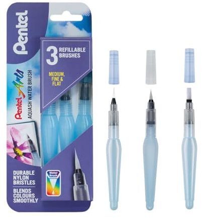Pentel Fine/Medium Aquash Water Brush (Pack of 3), XFRH/3-FMMHBR