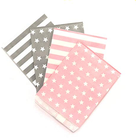 Frau WunderVoll® 100 PAPIERTÜTEN IM Set 3, 4x25 Stück: Taupe Streifen, Taupe Sterne, rosa Streifen, rosa Sterne 13x16,5cm, 45Gramm Papier, flach/Hochzeit, Papiertütchen, Mitgebseltüten