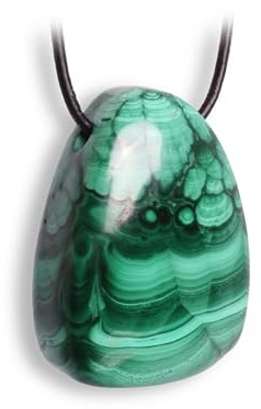 Budawi® Malachit Cabochon Anhänger Unikat gebohrt mit 1 m Lederband Edelstein Schmuck grün Naturstein in Organzasäckchen