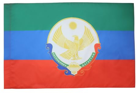AZ FLAG Drapeau République du Daguestan avec armes 90x60 cm Fourreau | Usage intérieur et extérieur Drapeau décoratif russe coutures doubles et bords renforcés avec fourreau pour mât