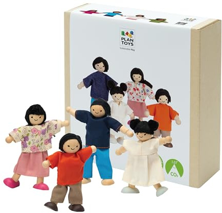 PlanToys® Family Wooden Dollhouse Figurine Set | 4 Poseable 1:12 Scale Mini Dolls (Parents & Kids) | Dollhouse Accessories for Pretend Play | Eco-Friendly Montessori Toy for Kids Ages 3+