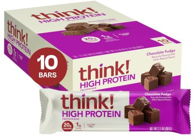 think! Protein Bars, High Protein Snacks, Gluten Free, Kosher Friendly, Chocolate Fudge, Nutrition Bars, 2.1 Oz per Bar, 10 Count (Packaging May Vary)