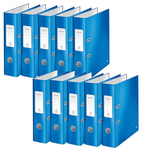 Leitz Qualitäts-Ordner 180 Grad, 10er Pack, A4, 8 cm Rückenbreite, laminierte Graupappe, Blau, WOW Serie, Design kann variieren, 10050036
