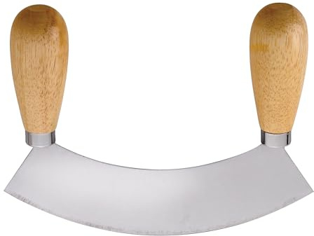 HIC Kitchen Mezzaluna Rocking Chopper And Mincing Knife With Double Handles, Stainless Steel, Rubberwood, For Herbs Vegetables Nuts And More