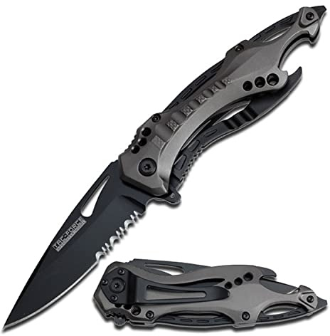 Tac-Force Folding Pocket Knife, 3.25-inch Serrated Blade, Grey Aluminum Handle, 7.75-inch Overall Length TF-705GY
