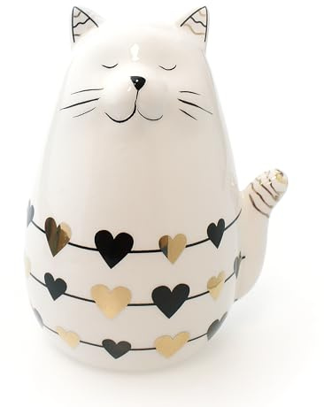 TEMPELWELT Deko Figur Katze Kätzchen mit Herz 13 cm hoch, Keramik weiß Gold schwarz, Dekofigur Katzenfigur Keramikfigur Schmusekatze