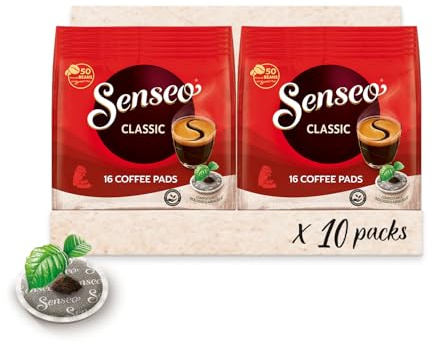 Senseo Classic Medium Roast Coffee Pods, Single Serve Pods Bulk Pack for Senseo Coffee Machine, Compostable Pods for Hot or Iced Coffee, Cold Brew Coffee, 16 Count, Pack of 10
