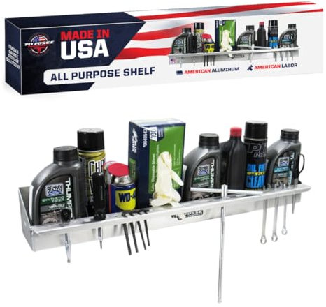Pit Posse 456 All Purpose Shelf Rack Holder Caddy - Tools, Aerosol Spray Cans, Oils, Cleaners-Made in USA-Garage Enclosed Race Trailer Automotive Mechanics Shop Storage Organizer Aluminum
