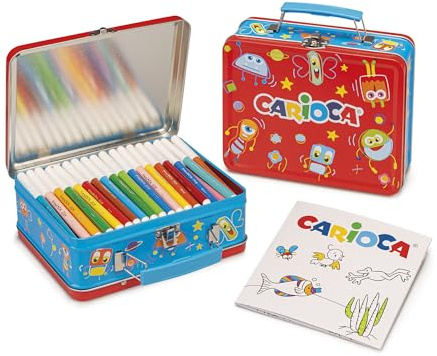 CARIOCA Colori + Libro da colorare - Barattolo di latta (rosso) con 100 pennarelli CARIOCA Joy con punta fine, 2,8 mm, inchiostro super lavabile + 1 libro da colorare - Set di colori, Made in Italy
