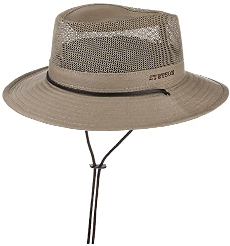 Stetson Takani Safarihut Hut Damen Herren 100% Baumwolle UV-Schutz 30 Sonnenhut Kinnband Knautschbarer Netzeinsatz Traveller beige M (56-57 cm)