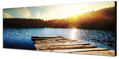 Augenblicke Wandbilder Keilrahmenbild Wandbild 150x50cm See Holzsteg Wald Sonnenuntergang