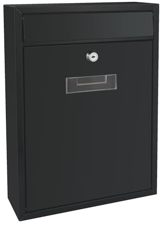 Perel Boite aux Lettres Murale Ibiza pour Exterieur Noire avec Plaque et Serrure, Boite aux Lettres compacte en Metal
