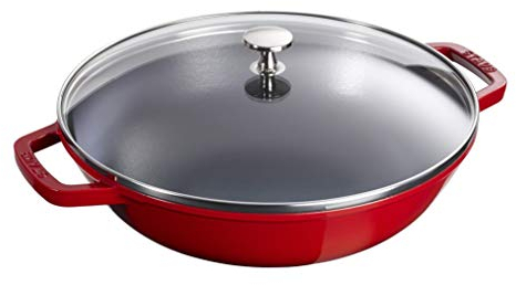 STAUB Wok aus Gusseisen, Innen emailliert, 30 cm, inkl. Glasdeckel, für alle Herdarten inkl. Induktion, Kirschrot