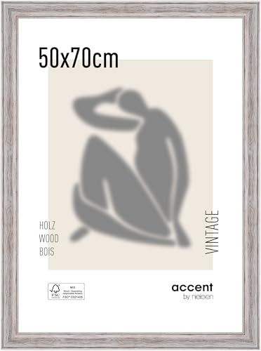 accent by nielsen Holz Bilderrahmen Vintage, 50 x 70 cm, Weiß | Holz Posterrahmen im Hoch- & Querformat zum Aufhängen Weiß gebürstet Echtglas