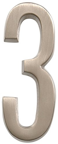Distinctions 843283 House Number 3, Brushed Nickel Zinc Self-Adhesive Address Number, Modern Outdoor Address Sign for Front Door, Mailbox, Wall, or Plaque, 4 Inches