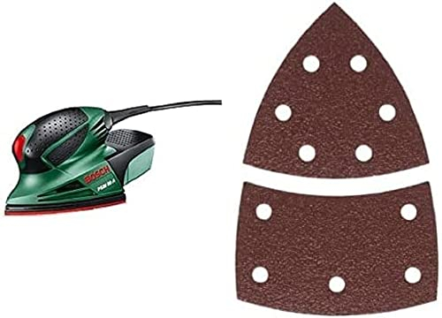 Bosch Multischleifer PSM 80 A, 3 RedWood Schleifblätter, Koffer (80 W, Schleiffläche 104 cm²) + 10 Stück Schleifblatt (für Farbe, Lack, Hart-/Weichholz, Spanplatten, Metall, Rost, Korn 80)