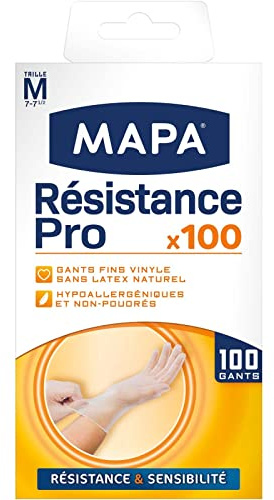 MAPA - Résistance Pro - Gants Fins en Vinyle et intérieur Poudré - Recyclables avec TerraCycle - Solidité et Précision - Sans Latex - 1 boîte de 100 gants - Taille M