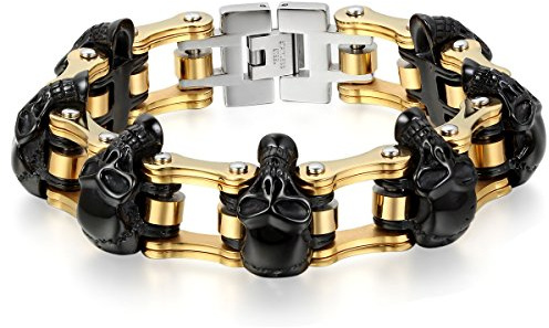 JewelryWe Herren Armband Edelstahl, Gotik Totenkopf Schädel Fahrradkette Biker Link Breite Schwere Motorradkette Gold Schwarz Silber