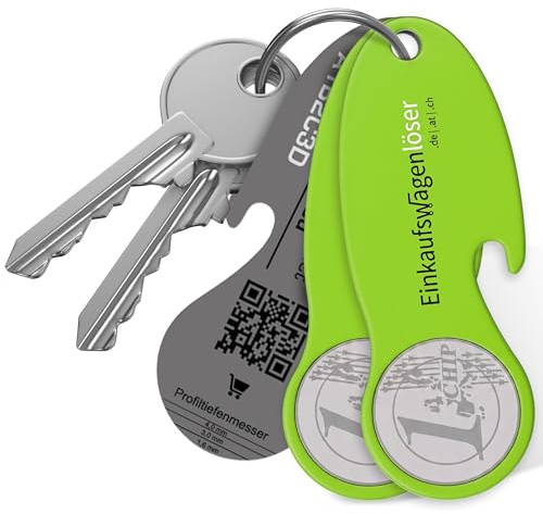 Einkaufswagenlöser Münze Grün (2 STK.) – funktionaler Schlüsselanhänger mit Einkaufswagenchip, Flaschenöffner & Profiltiefenmesser – hochwertiger Einkaufschip mit Fundservice