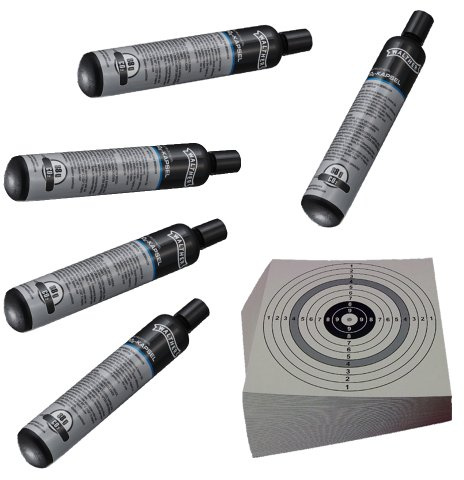 Unbekannt ShoXx.® Set: 5 Walther Co2 Kapseln 88 Gramm für Gotcha/Softair/Paintball + 10 ShoXx.® Shoot-Club Zielscheiben 14x14 cm mit zusätzlichen grauen Ring und 250 g/m²
