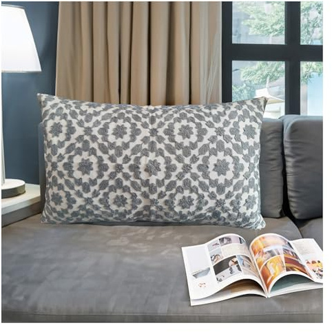 Aitliving Throw Pillow Cover Decorative Lumbar Pillowcase Grey Silver and White 12X20 1PC 30x50cm Mina Gray Silver Embroidered Trellis Cotton Canvas Summer Bolster Pillow Cushion Shell