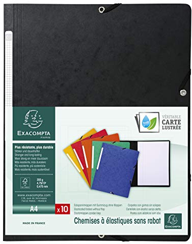 Exacompta - Ref 55411E - Elastiska mappar - Lämplig för förvaring av A4-dokument, 355 gsm glansigt kort, ryggetikett, expanderbar för ytterligare dokument - svart (paket med 10)