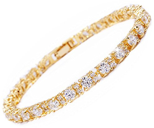 Rizilia evighets-tennisarmband [18 cm/7 tum] med runda skurna ädelstenar CZ i 18 K gult guldpläterat, enkel modern elegans, colore: White Topaz, cod. LB1239WHT