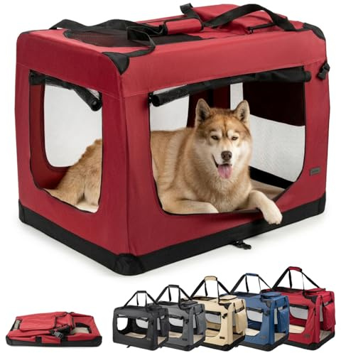 lionto Hundtransportbur vikbar för resor och bil, 101 x 69 x 70 cm, stabil transportlåda med bärhandtag och filt för katter och hundar upp till 25 kg, robust hundlåda av tyg för små och stora, mörkröd