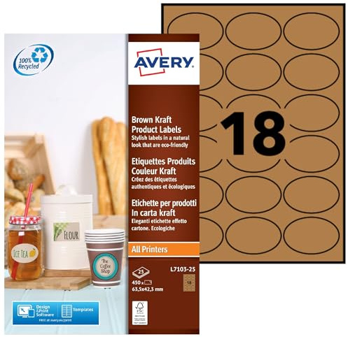 AVERY Zweckform L7103-25 Kraftpapier Etiketten (450 Aufkleber zum Bedrucken, 42,3x63,5mm auf A4, selbstklebend, ovale Recycling Etiketten, nachhaltige Produktaufkleber) 25 Blatt, naturbraun